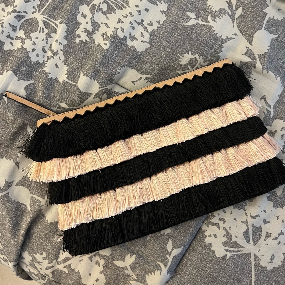 Stella & Dot Black and Cream Fringe Clutch
